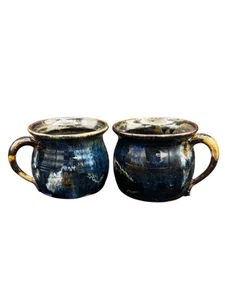 Art Pottery Hand Thrown Coffee Mugs Tea Cups Artist Made USA Set 2 Blue Brown - Picture 1 of 18