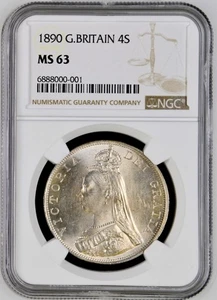 1890 Great Britain Silver Double Florin NGC MS 63 Bright Graded 4 Shillings Coin - Picture 1 of 4