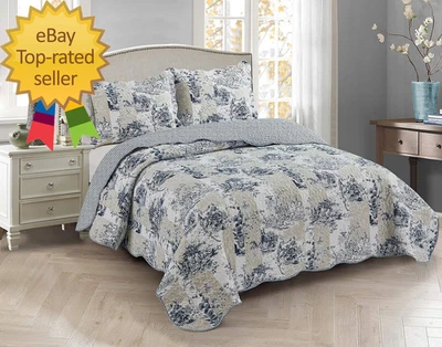 Juego de edredón de 3 piezas con parches de baño azul en beige y marfil Foto 1 de 4