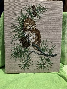 Vintage Owl Needlepoint Tapestry On Board 28cmW X 36cm H - Picture 1 of 4