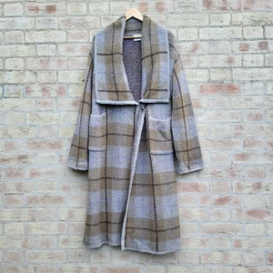 Bit Kai Rand Long Strickjacke Gr. L braun beige Schottenkaro Wollmischung Gürtel - Bild 1 von 17