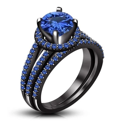 Juego de anillos de compromiso de boda nupcial de zafiro creado en laboratorio de 2 quilates de oro negro de 14 quilates Foto 1 de 2