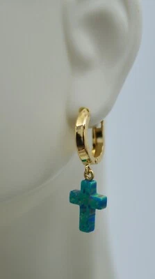 Pendiente colgante Huggie ópalo cruz verde oro amarillo macizo 14K para hombre 1 pieza Foto 1 de 3