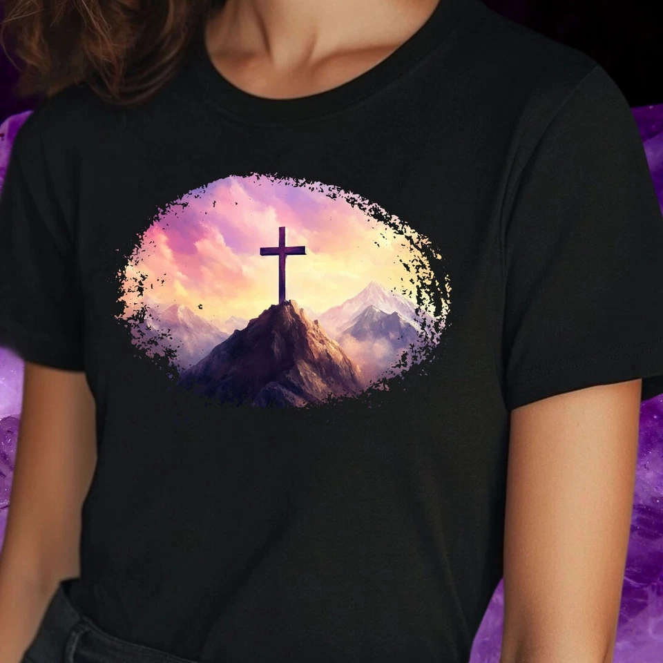 Women's Cross On A Mountain Motif Cotton T-Shirt Size S to 3XL - Image 1 of 1