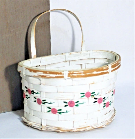 Vintage Wall Pocket Wicker Basket White Woven Hanging Planter Cover