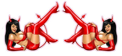 Black Hair Devil in Red Leather Pin Up Decal Pair Sticker 3" EACH  - Image 1 of 2
