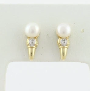 10k Yellow Gold Pearl and Diamond Earrings J Hoop Earrings 5/8" x 1/4" - Picture 1 of 8