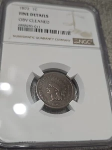 1872 Indian Head Penny Cent Fine Details Obv Cleaned NGC Certified Bronze - Picture 1 of 10