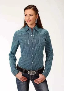 ¡Nuevo! CAMISA WESTERN MUJER ROPER AZUL ESTAMPADO PRADERA con broches de presión talla S M L XL 2X - Imagen 1 de 6