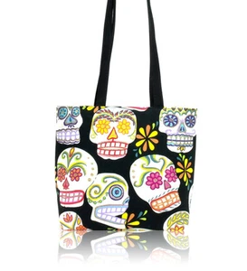 SUGAR SKULLS TATTOO PATTERN US HANDMADE SHOULDER BAG , COTTON, BLACK ,NEW - Picture 1 of 3
