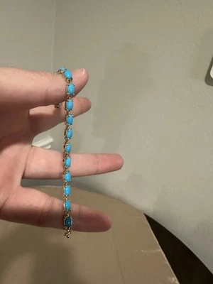 5CT Oval Cut Lab Created Turquoise Women Tennis Bracelet 14K Yellow Gold Finish - Image 1 of 3