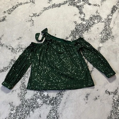 CeCe Top Womens Sz L Green Sequined Bow Cold Shoulder Blouse Holiday - Image 1 of 4