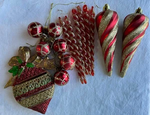 Red Gold Christmas Ornament Lot Icicles Balls Glitter Teardrop Holiday Decor - Picture 1 of 3