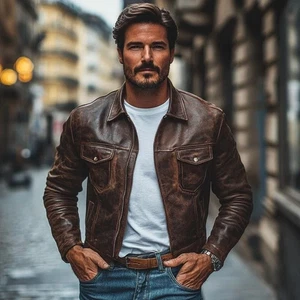 Men's Vintage Distressed Brown Genuine Leather Jacket Lapel Zipper Slim Fit Coat - Picture 1 of 4