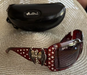 Montana West Rhinestone Wing Accent Burgundy Red Oversized Sunglasses With Case - Picture 1 of 8