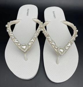 Ivory Satin Bridal Rhinestone Heart Flip Flops White Wedding Flip Flops W Size 8 - Picture 1 of 4