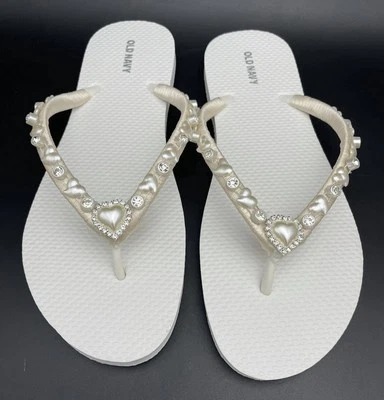 Ivory Satin Bridal Rhinestone Heart Flip Flops White Wedding Flip Flops W Size 7 - Image 1 of 4