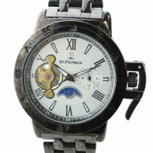 St. Patrick Watch Automatic Moon Phase White Dial Roman Round Black 0059 Rare - Picture 1 of 6