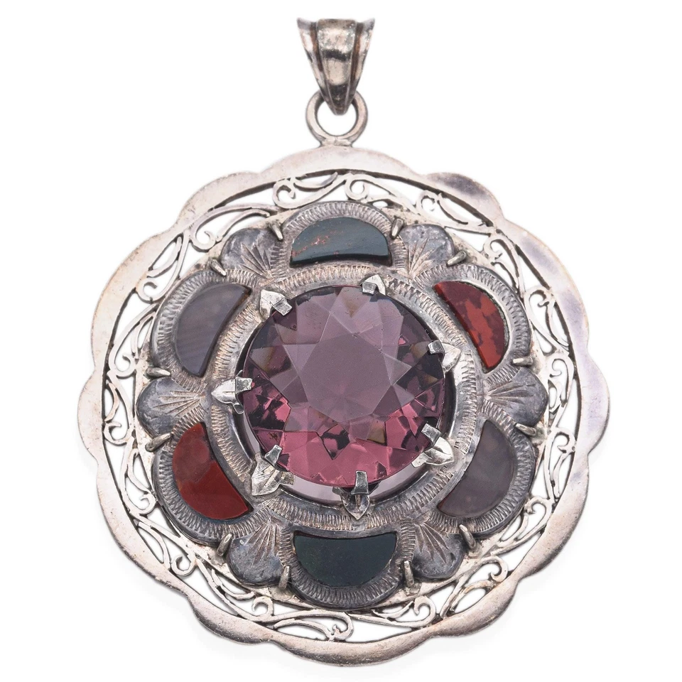 Antiguo colgante victoriano escocés de pasta púrpura y ágata de plata Foto 1 de 4