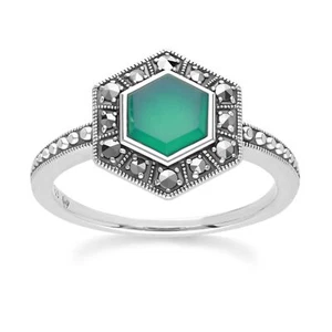 Art Déco Estilo Hexágono Calcedonia Y Marcasita Anillo En Plata de Ley - Imagen 1 de 4