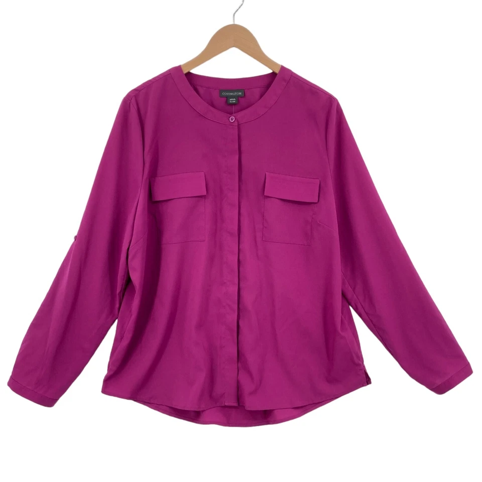 Camisa Covington Botón Frontal Mujer XL Púrpura Cuello Redondo Manga Redonda Bolsillos Foto 1 de 4