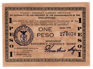 1943 Philippines Province of Mindanao 1 Peso S505 WW2 Emergency Money UNC - Picture 1 of 4