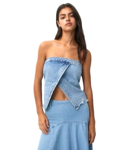 Pull & Bear Light Denim Cross Over Corset Top Strapless Women’s UK Size 8 - Picture 1 of 8