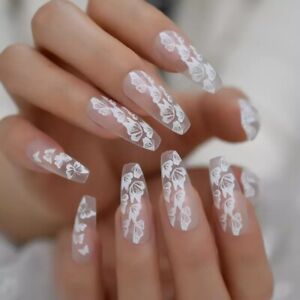 Butterfly White Frosted Matte Long Coffin Press On Nails Fake False 24 Pc Set