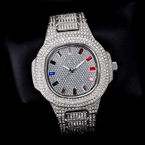 Men Fully iced Watch Silver Bling Rapper Simulate Lab Diamond Metal Luxury Band - Picture 1 of 5