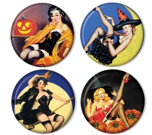 Halloween Sexy Vintage Pinup Women - Set of 4 Hand Pressed Frig Magnets 2.25" - Picture 1 of 2