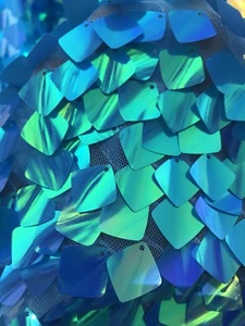 TURQUOISE IRIDESCENT SEQUINS-DRAGON SCALES EMBROIDER ON A MESH-SOLD BY THE YARD. - Picture 1 of 6
