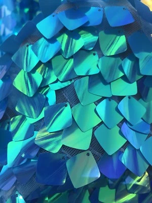 TURQUOISE IRIDESCENT SEQUINS-DRAGON SCALES EMBROIDER ON A MESH-SOLD BY THE YARD. - Image 1 of 4