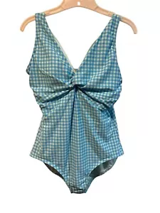 Lands End V Neck Twist Front One Piece Swimsuit Paradise Aqua Gingham Size 14 - Picture 1 of 3