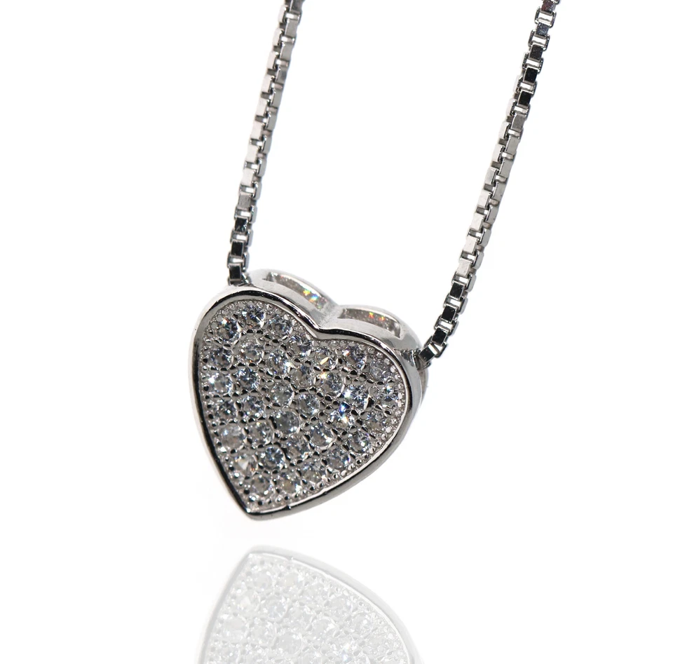 collana cuore VERO argento 925 collier a pavè zirconi punto luce microsetting - Immagine 1 di 4