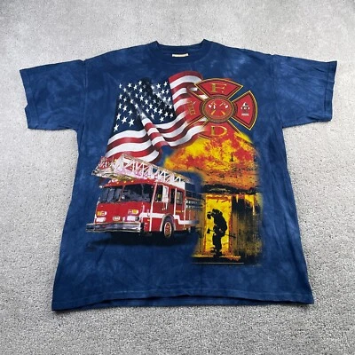 VINTAGE The Mountain Shirt Mens Large Blue Firefighter Engine American Flag Y2K - Image 1 of 4