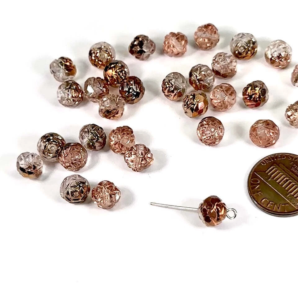 Czech Pressed Druk Round Rosebud Shaped Glass Beads 8mm Crystal Copper 30p CL914 - Image 1 of 1