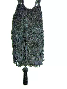 VINTAGE 1920s FLAPPER BLACK BEADED POUCH WITH TASSEL AND RIBBON DRAWSTRING - Picture 1 of 12