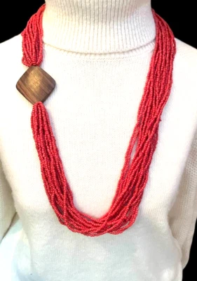 VTG Strawberry Pink Necklace Glass Seed Beads Multi-Strand Layers Wood Pendant - Image 1 of 4