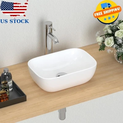 Fregadero de baño pequeño sobre encimera de porcelana blanca compacto de 14,5"" x 10"" Foto 1 de 4