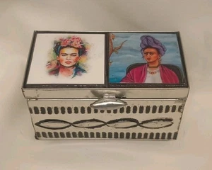 Vintage Frida Kahlo Inspired Tin Trinket Box Hinged w/Frida Tiles Lid 4" X 2.5" - Picture 1 of 6