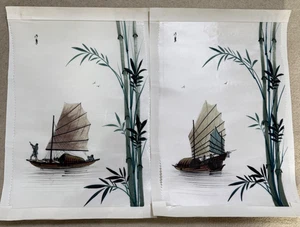Pair of Asian Silk Print – Boat Gondola River Scene - Vintage 30cm x 40cm Approx - Picture 1 of 11
