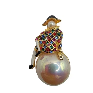Broche de Colección Diamantes de Imitación Arlequín Corte Bufón Payaso Grande Imitación Perla Tono Dorado - Imagen 1 de 6