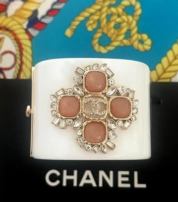 White Chanel Cuff Bracelet with Crystals and Peach Gems - Image 1 of 4