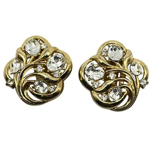Pendientes Vintage Corona Trifari Tono Dorado Estrás Floral Botón Clip Glamour - Imagen 1 de 5