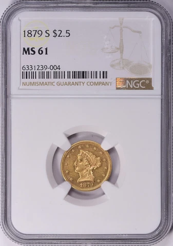 1879 S $2.5 $2.50 Liberty Gold Quarter Eagle * NGC MS61 * VERY RARE IN MS UNC Cover