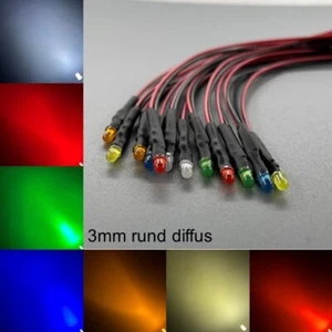 verkabelt 3mm LEDs rund diffus alle Farben 3 mm LED Widerstände + - Bild 1 von 11