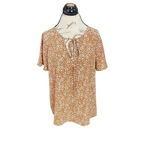 Shein Womens Blouse Size XL Brown Floral Lace-Up Boho Cottagecore Peasant Tunic - Picture 1 of 13