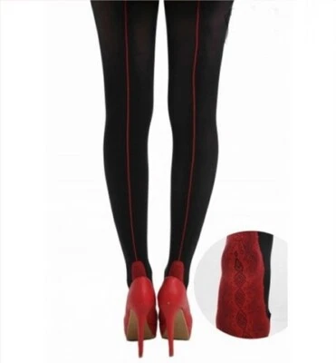 Black + Red Seam Heel & Red Lace Sole Opaque  Sexy Ladies Designer Tights P60 - Image 1 of 4