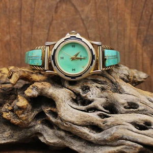 Gold-Tone Sterling Silver Green Turquoise Inlay Ladies Watchband - Picture 1 of 5