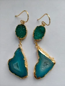 Solar Slice Earring Blue Geode Gold Plated Gemstone Earrings Fashion Jewelry - Picture 1 of 5